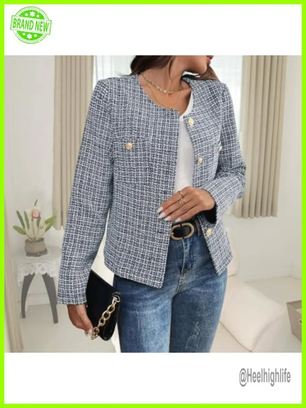 Womens Tweed Blazer Long Sleeve Round Neck Business Casual Coat